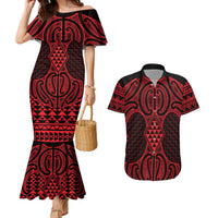 Whero Maori Ta Moko Poutama Art Couples Matching Mermaid Dress and Hawaiian Shirt LT9 Red - Polynesian Pride