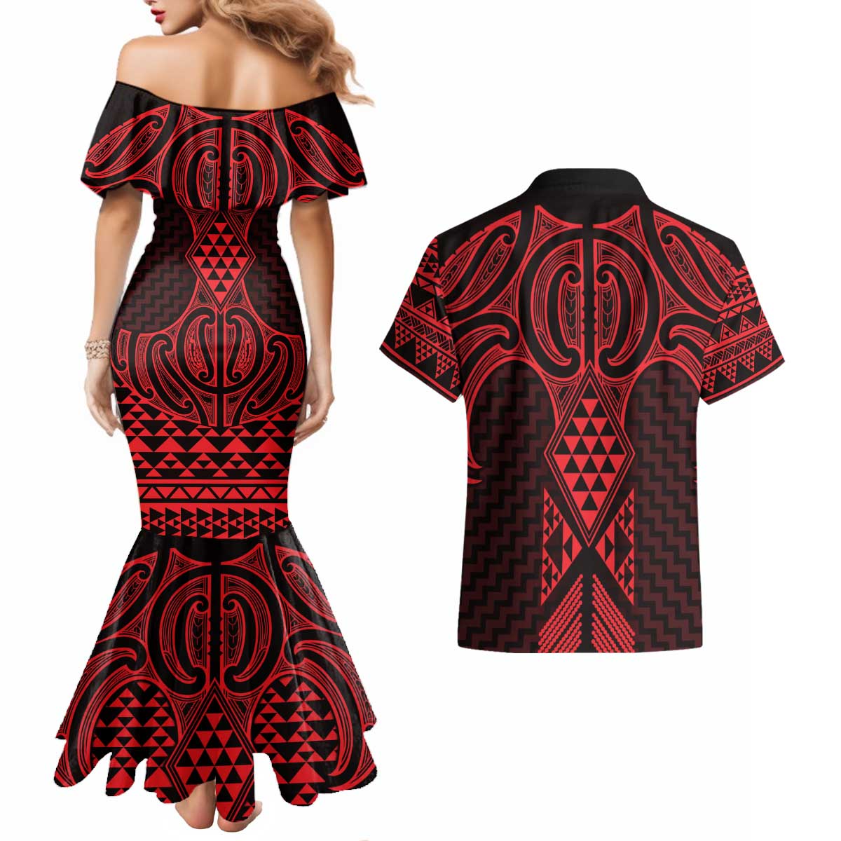 Whero Maori Ta Moko Poutama Art Couples Matching Mermaid Dress and Hawaiian Shirt LT9 - Polynesian Pride