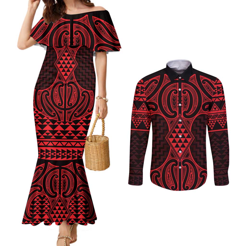 Whero Maori Ta Moko Poutama Art Couples Matching Mermaid Dress and Long Sleeve Button Shirt LT9 Red - Polynesian Pride