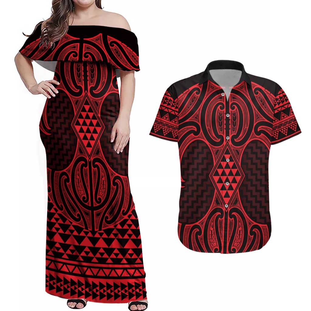 Whero Maori Ta Moko Poutama Art Couples Matching Off Shoulder Maxi Dress and Hawaiian Shirt LT9 Red - Polynesian Pride