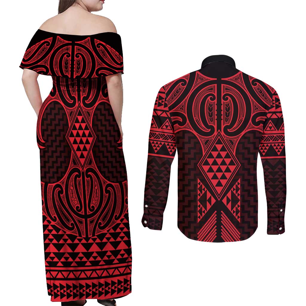 Whero Maori Ta Moko Poutama Art Couples Matching Off Shoulder Maxi Dress and Long Sleeve Button Shirt LT9 - Polynesian Pride