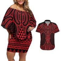 Whero Maori Ta Moko Poutama Art Couples Matching Off Shoulder Short Dress and Hawaiian Shirt LT9 Red - Polynesian Pride