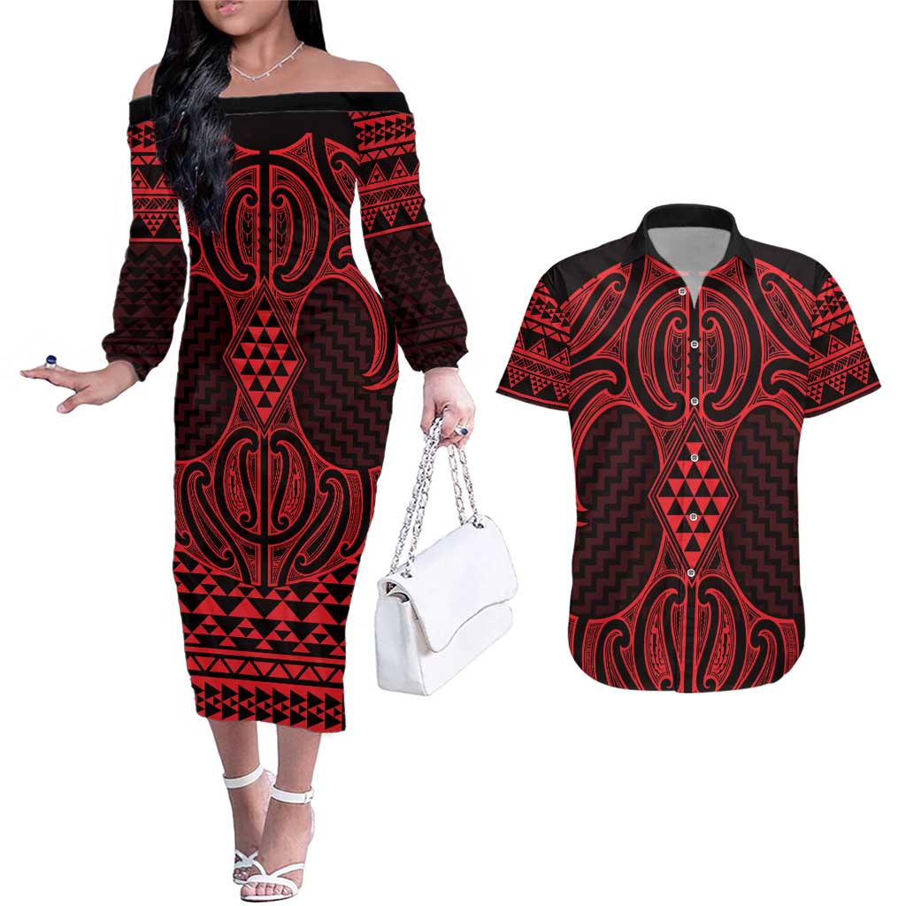 Whero Maori Ta Moko Poutama Art Couples Matching Off The Shoulder Long Sleeve Dress and Hawaiian Shirt LT9 Red - Polynesian Pride