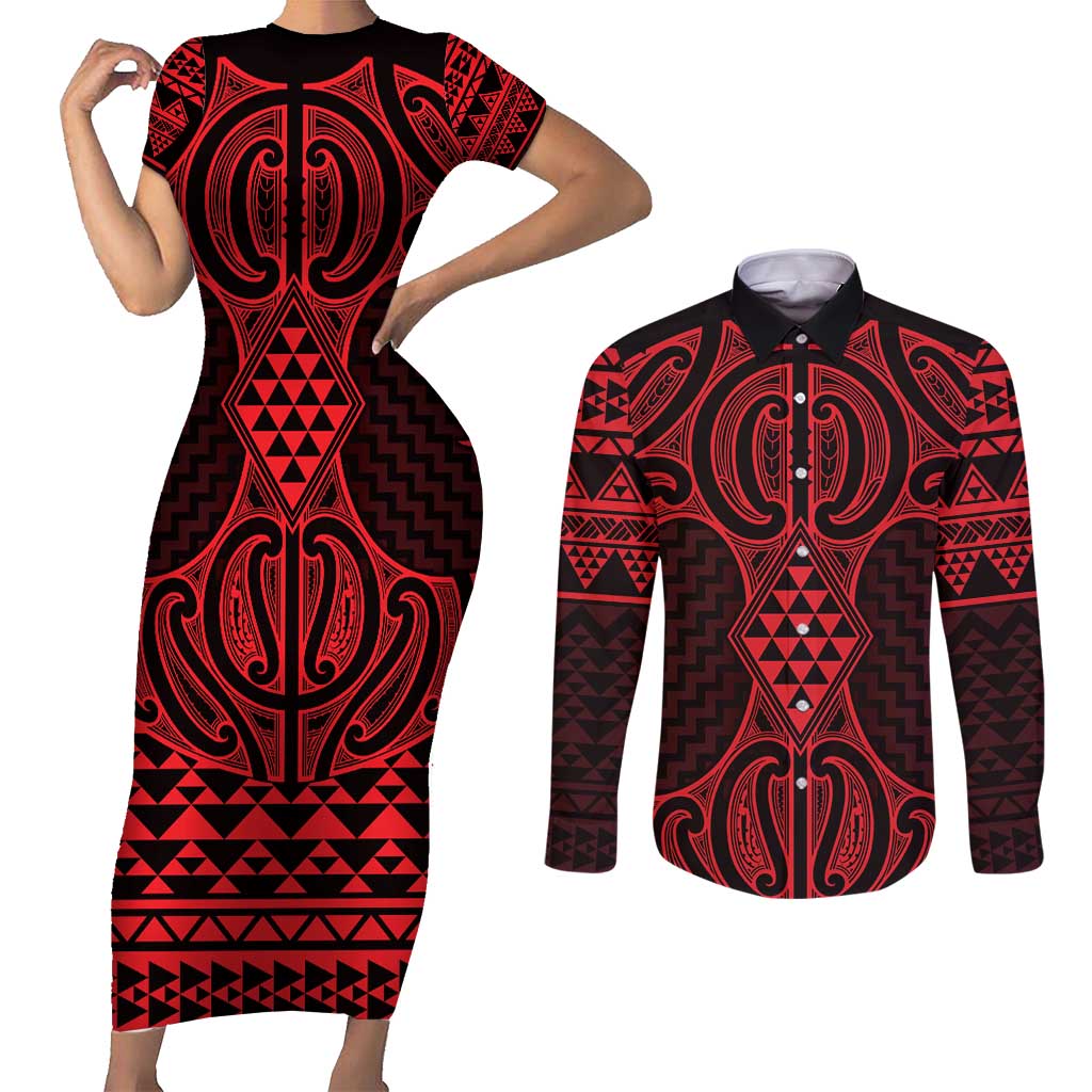 Whero Maori Ta Moko Poutama Art Couples Matching Short Sleeve Bodycon Dress and Long Sleeve Button Shirt LT9 Red - Polynesian Pride