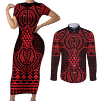 Whero Maori Ta Moko Poutama Art Couples Matching Short Sleeve Bodycon Dress and Long Sleeve Button Shirt LT9 Red - Polynesian Pride