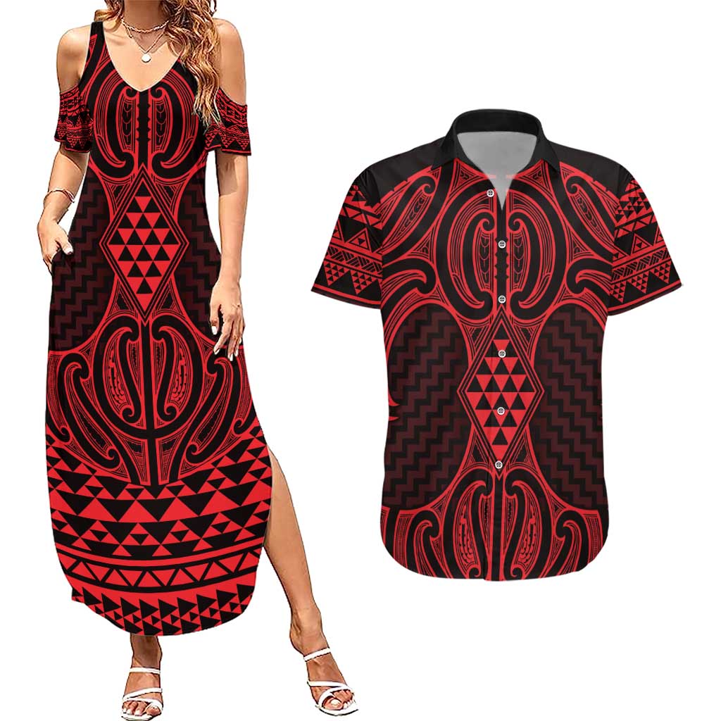 Whero Maori Ta Moko Poutama Art Couples Matching Summer Maxi Dress and Hawaiian Shirt LT9 Red - Polynesian Pride