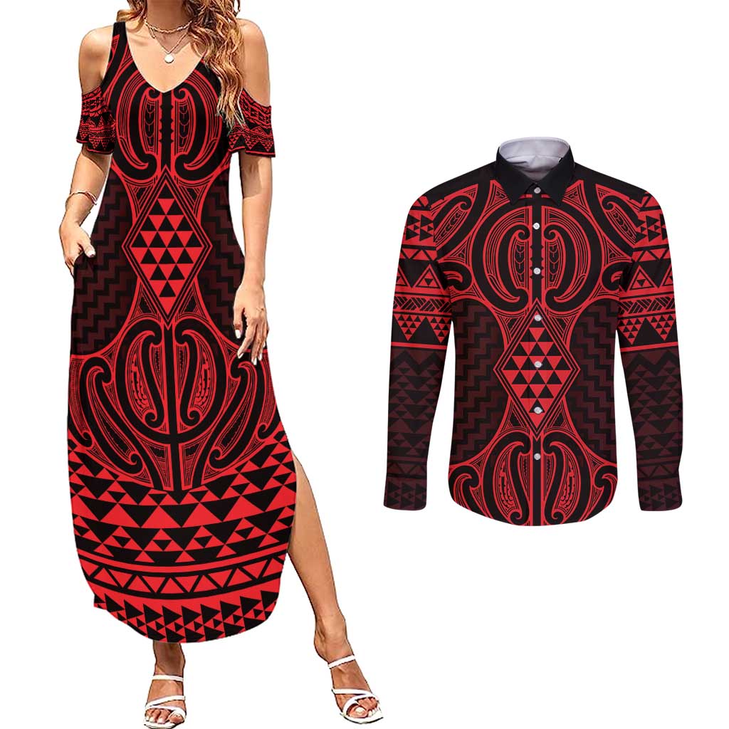 Whero Maori Ta Moko Poutama Art Couples Matching Summer Maxi Dress and Long Sleeve Button Shirt LT9 Red - Polynesian Pride