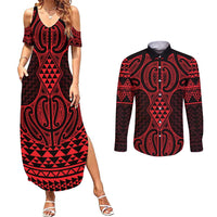 Whero Maori Ta Moko Poutama Art Couples Matching Summer Maxi Dress and Long Sleeve Button Shirt LT9 Red - Polynesian Pride