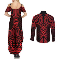 Whero Maori Ta Moko Poutama Art Couples Matching Summer Maxi Dress and Long Sleeve Button Shirt LT9 - Polynesian Pride