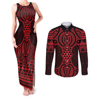 Whero Maori Ta Moko Poutama Art Couples Matching Tank Maxi Dress and Long Sleeve Button Shirt LT9 Red - Polynesian Pride