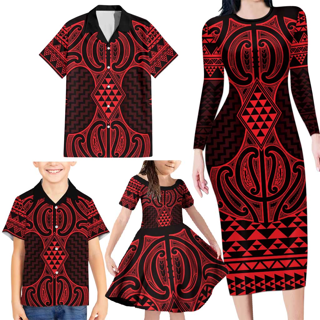 Whero Maori Ta Moko Poutama Art Family Matching Long Sleeve Bodycon Dress and Hawaiian Shirt LT9 - Polynesian Pride