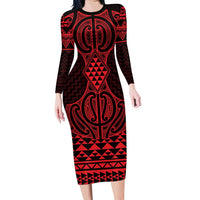 Whero Maori Ta Moko Poutama Art Family Matching Long Sleeve Bodycon Dress and Hawaiian Shirt LT9 Mom's Dress Red - Polynesian Pride