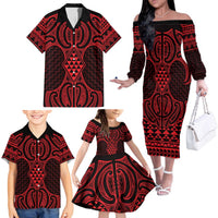 Whero Maori Ta Moko Poutama Art Family Matching Off The Shoulder Long Sleeve Dress and Hawaiian Shirt LT9 - Polynesian Pride