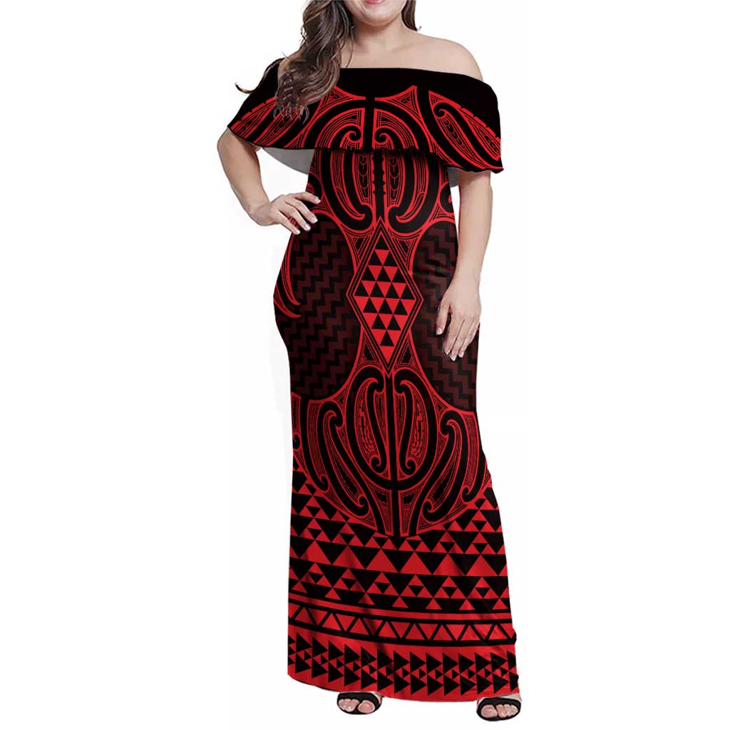 Whero Maori Ta Moko Poutama Art Family Matching Off Shoulder Maxi Dress and Hawaiian Shirt LT9 Mom's Dress Red - Polynesian Pride