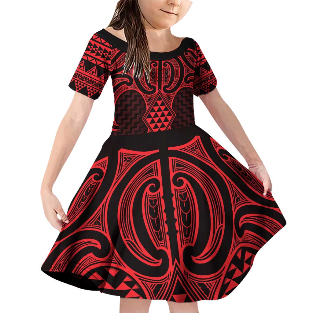 Whero Maori Ta Moko Poutama Art Family Matching Off Shoulder Short Dress and Hawaiian Shirt LT9 Daughter's Dress Red - Polynesian Pride