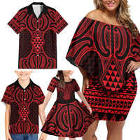 Whero Maori Ta Moko Poutama Art Family Matching Off Shoulder Short Dress and Hawaiian Shirt LT9 - Polynesian Pride