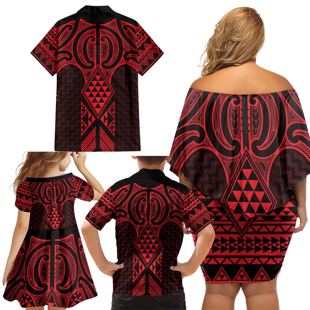 Whero Maori Ta Moko Poutama Art Family Matching Off Shoulder Short Dress and Hawaiian Shirt LT9 - Polynesian Pride