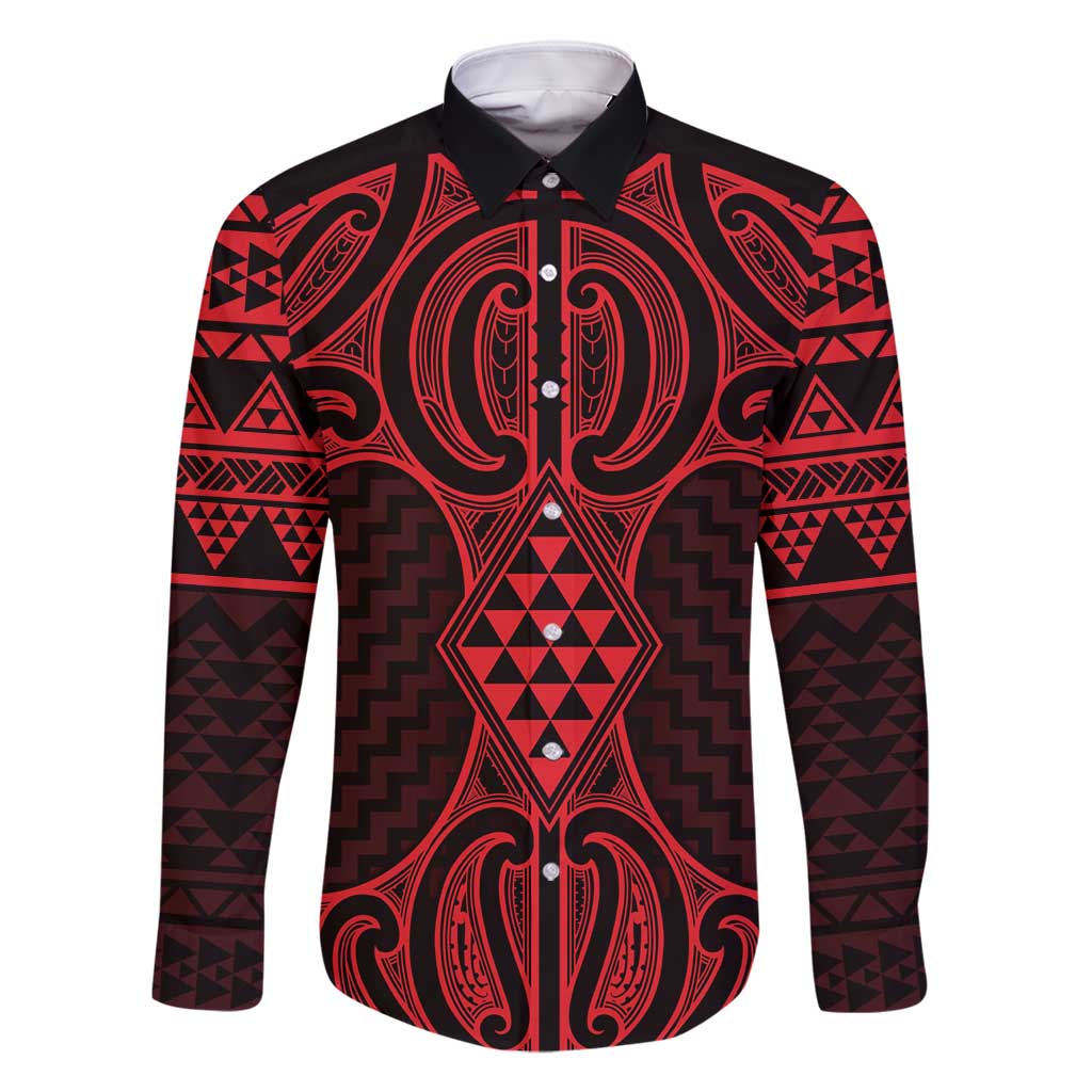Whero Maori Ta Moko Poutama Art Family Matching Off Shoulder Short Dress and Hawaiian Shirt LT9 Dad's Shirt - Long Sleeve Red - Polynesian Pride