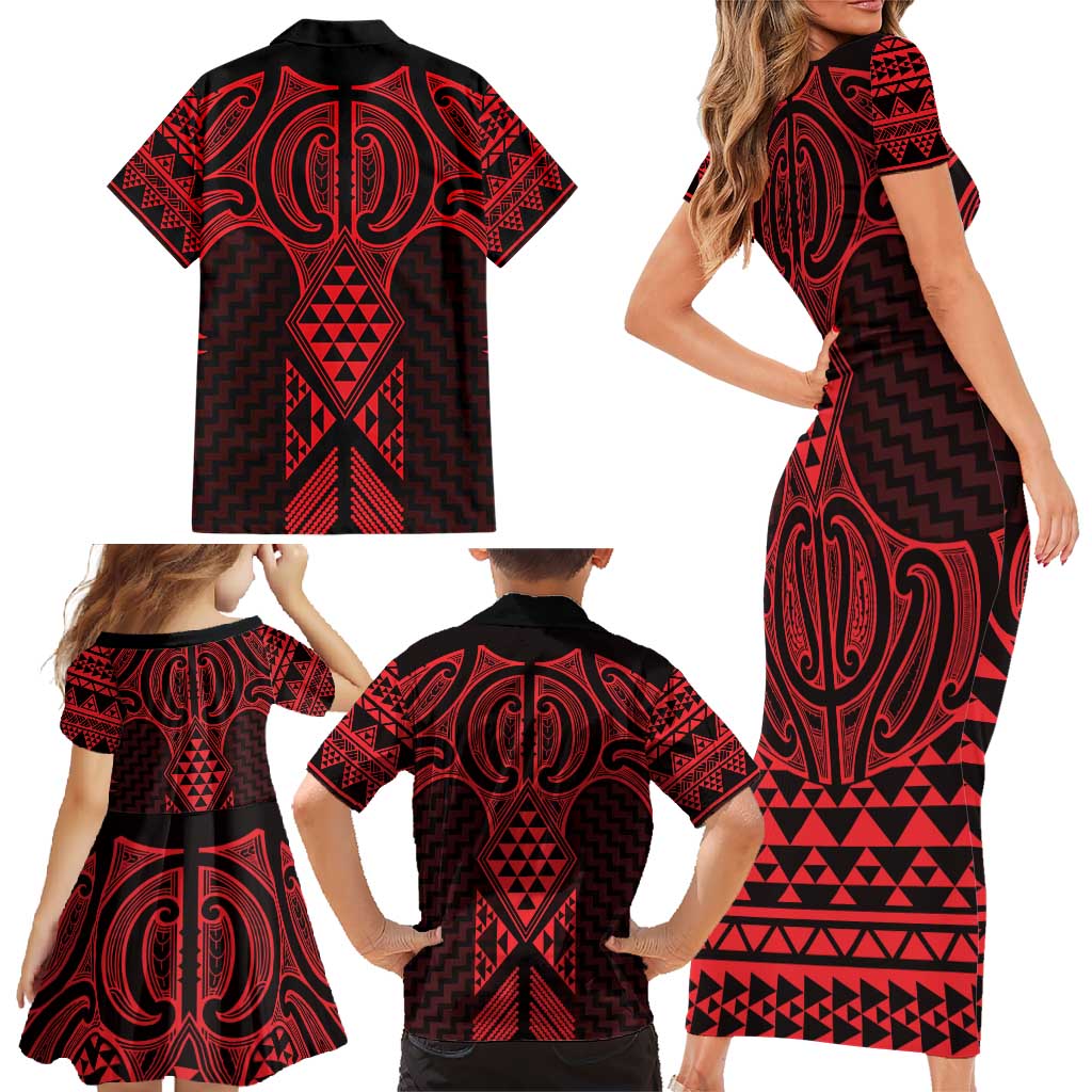 Whero Maori Ta Moko Poutama Art Family Matching Short Sleeve Bodycon Dress and Hawaiian Shirt LT9 - Polynesian Pride