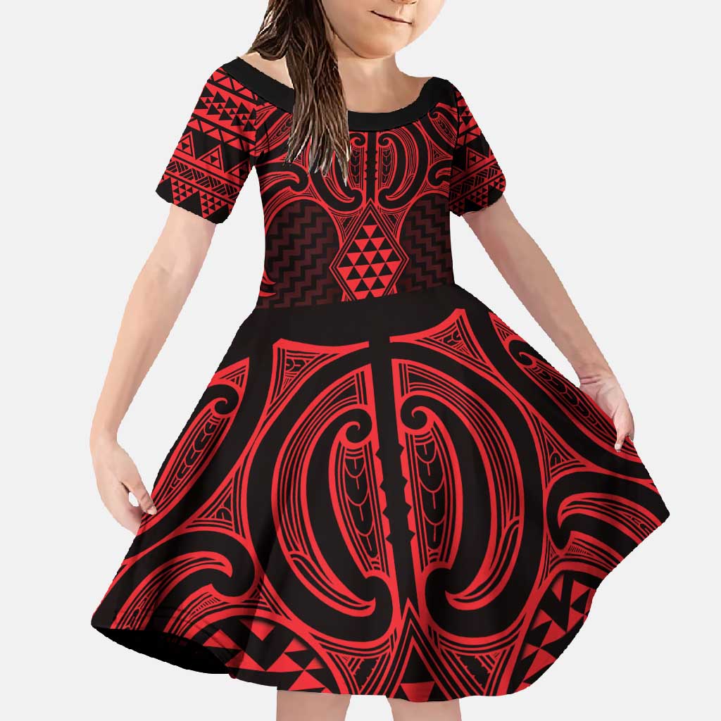 Whero Maori Ta Moko Poutama Art Family Matching Summer Maxi Dress and Hawaiian Shirt LT9 Daughter's Dress Red - Polynesian Pride