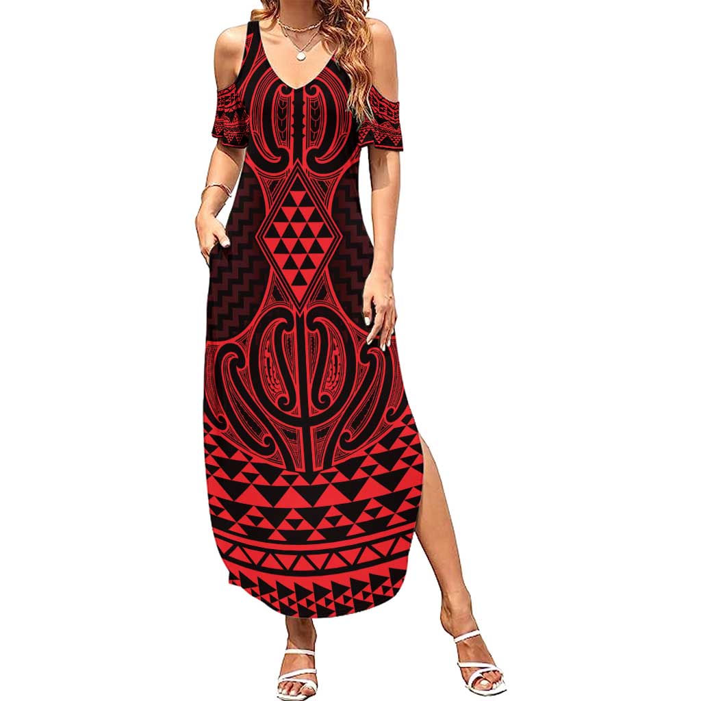 Whero Maori Ta Moko Poutama Art Family Matching Summer Maxi Dress and Hawaiian Shirt LT9 Mom's Dress Red - Polynesian Pride