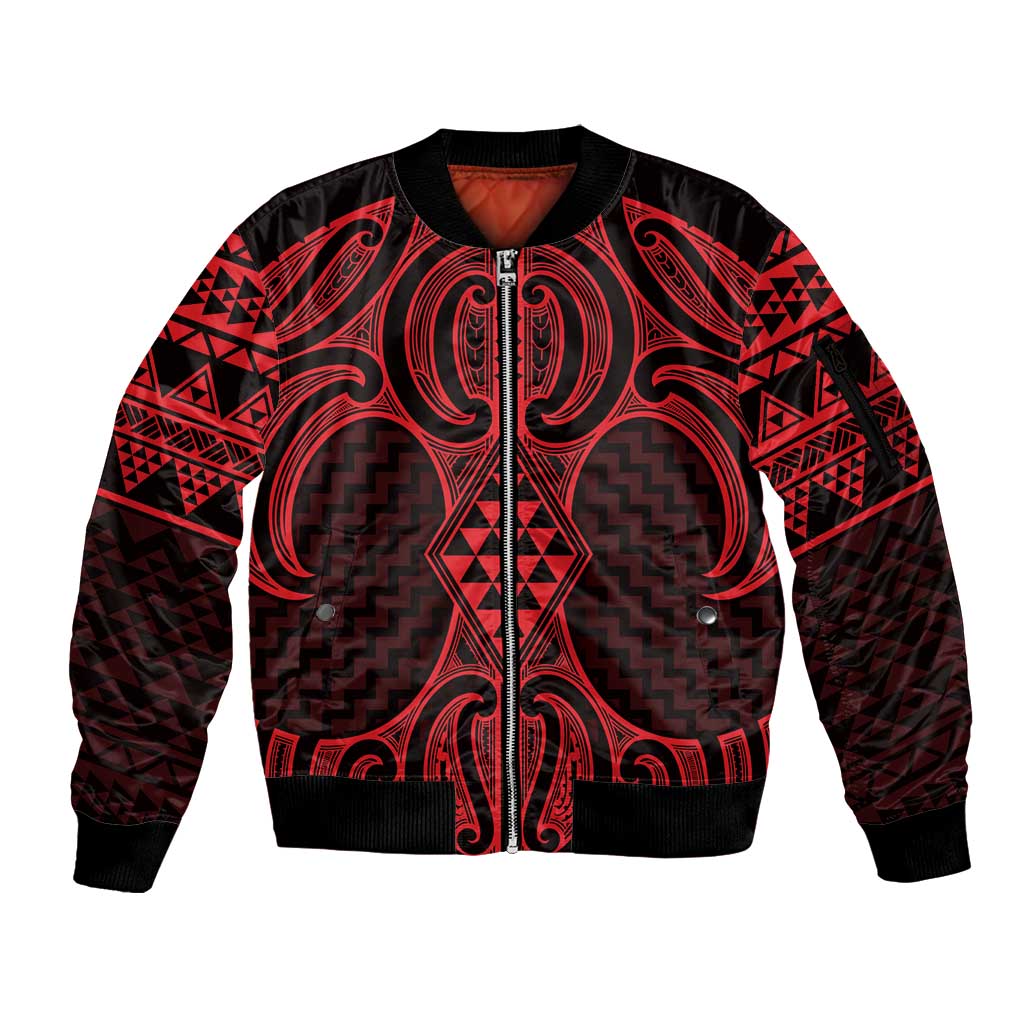 Whero Maori Ta Moko Poutama Art Sleeve Zip Bomber Jacket LT9 Unisex Red - Polynesian Pride