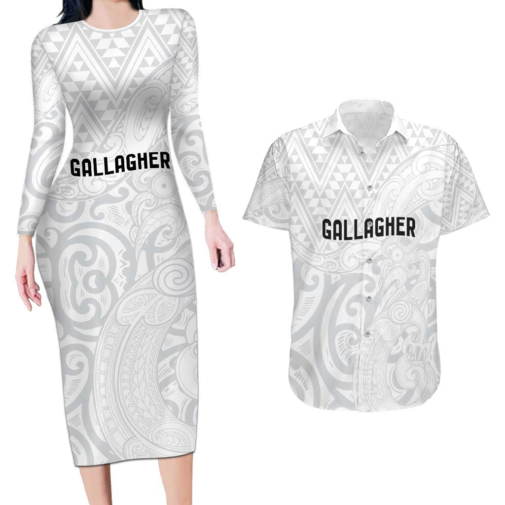 New Zealand Rangatira Custom Couples Matching Long Sleeve Bodycon Dress and Hawaiian Shirt All White Niho Taniwha Maori Tribal LT9 White - Polynesian Pride