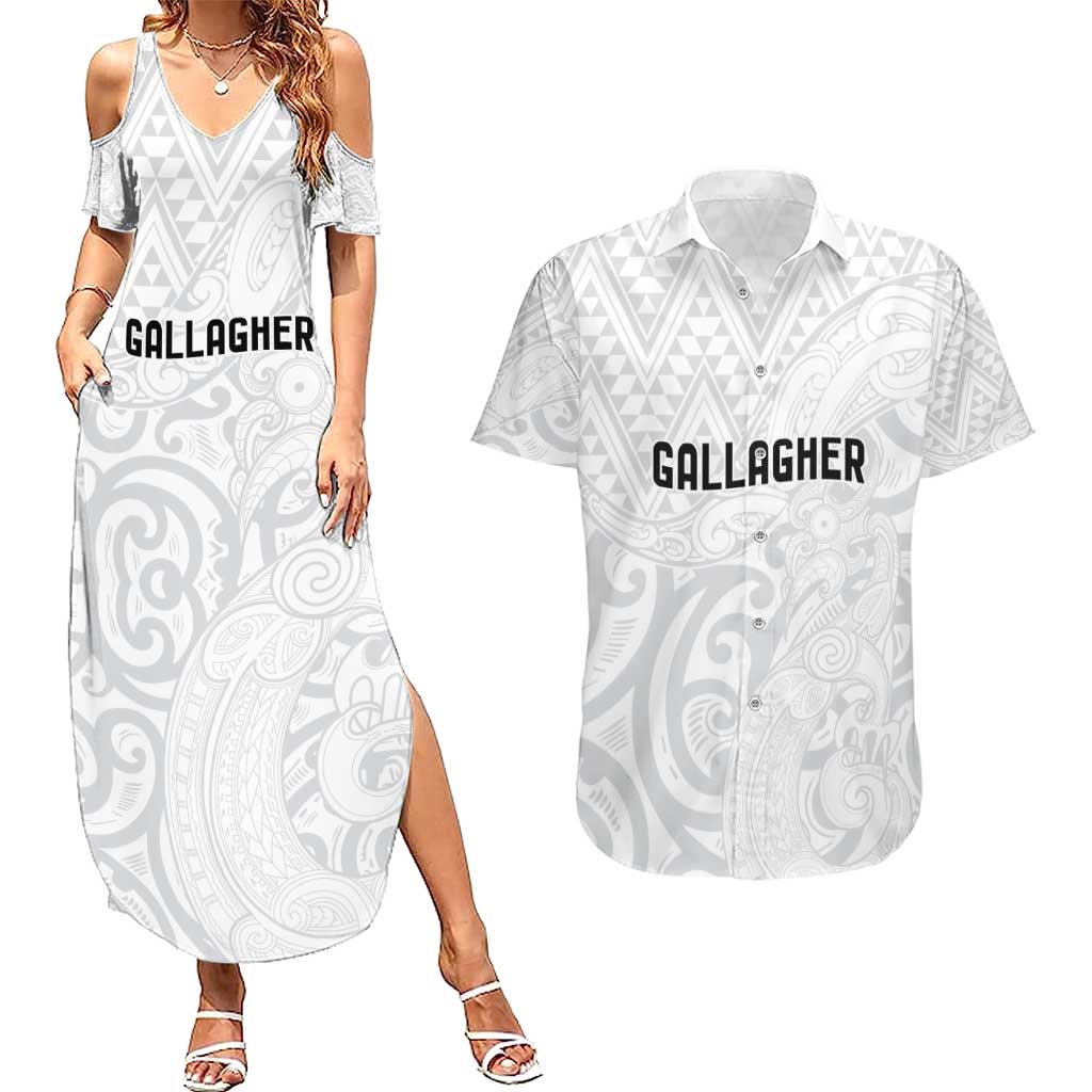 New Zealand Rangatira Custom Couples Matching Summer Maxi Dress and Hawaiian Shirt All White Niho Taniwha Maori Tribal