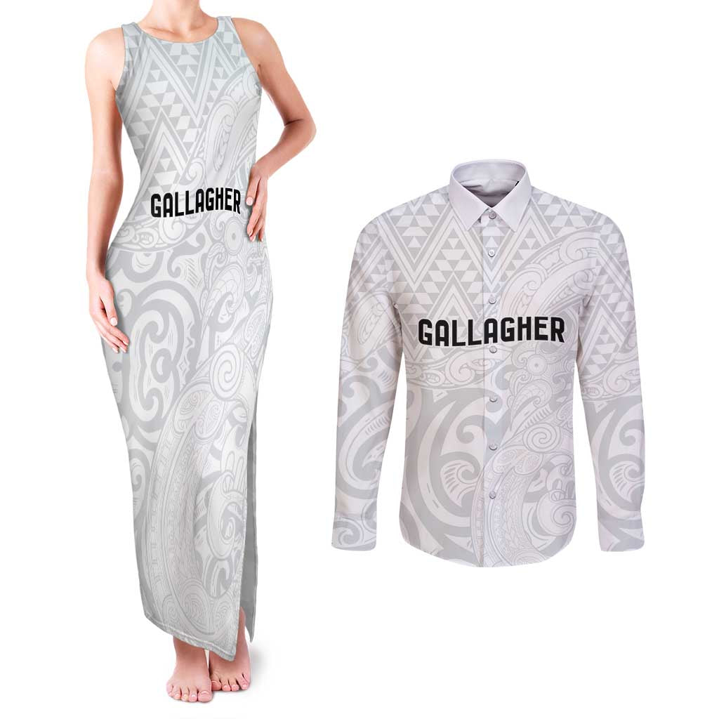 New Zealand Rangatira Custom Couples Matching Tank Maxi Dress and Long Sleeve Button Shirt All White Niho Taniwha Maori Tribal