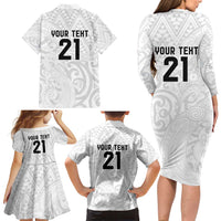 New Zealand Rangatira Custom Family Matching Long Sleeve Bodycon Dress and Hawaiian Shirt All White Niho Taniwha Maori Tribal