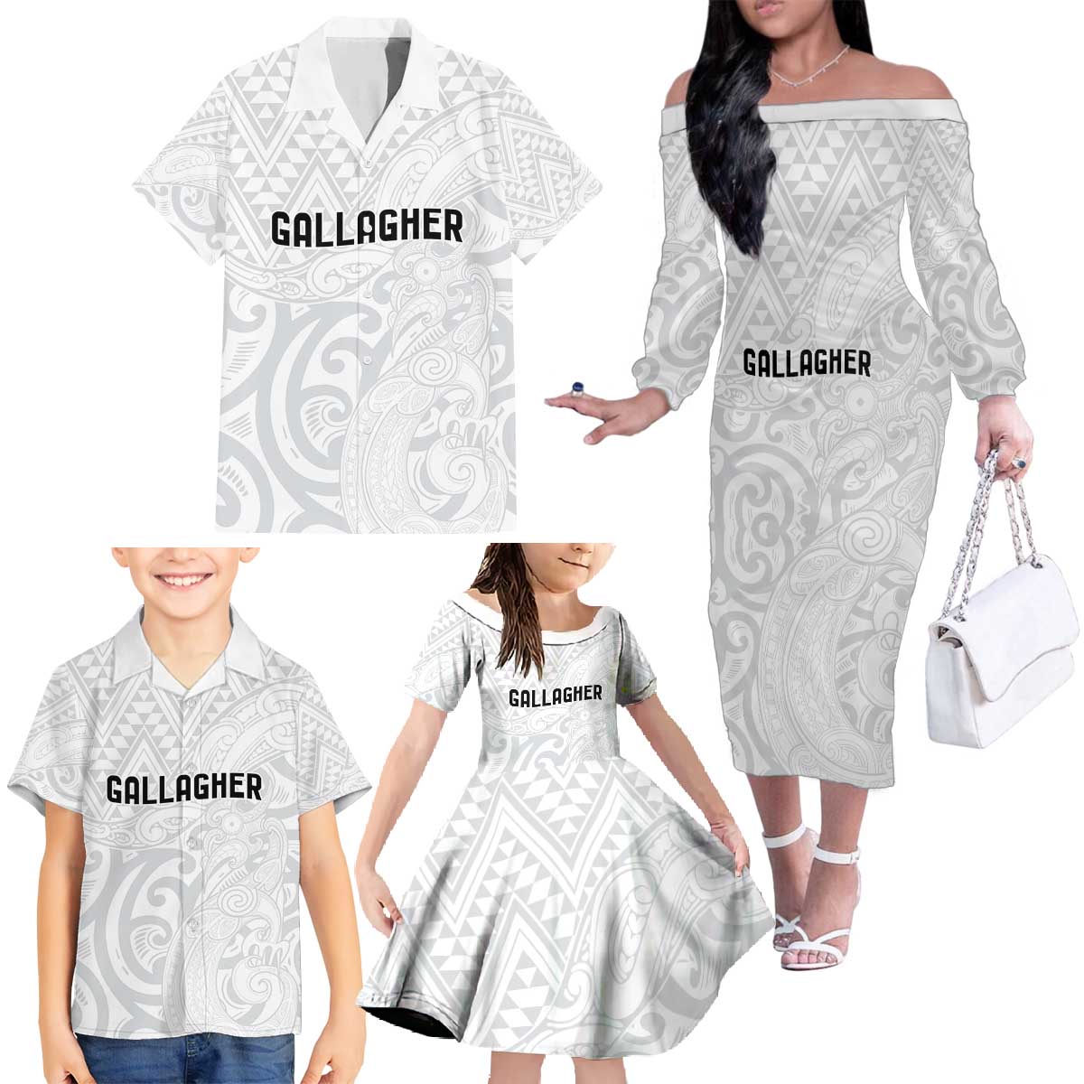 New Zealand Rangatira Custom Family Matching Off The Shoulder Long Sleeve Dress and Hawaiian Shirt All White Niho Taniwha Maori Tribal