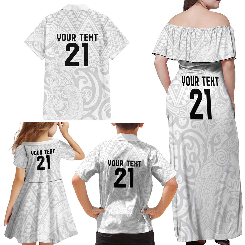 New Zealand Rangatira Custom Family Matching Off Shoulder Maxi Dress and Hawaiian Shirt All White Niho Taniwha Maori Tribal LT9 - Polynesian Pride