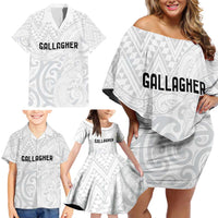 New Zealand Rangatira Custom Family Matching Off Shoulder Short Dress and Hawaiian Shirt All White Niho Taniwha Maori Tribal