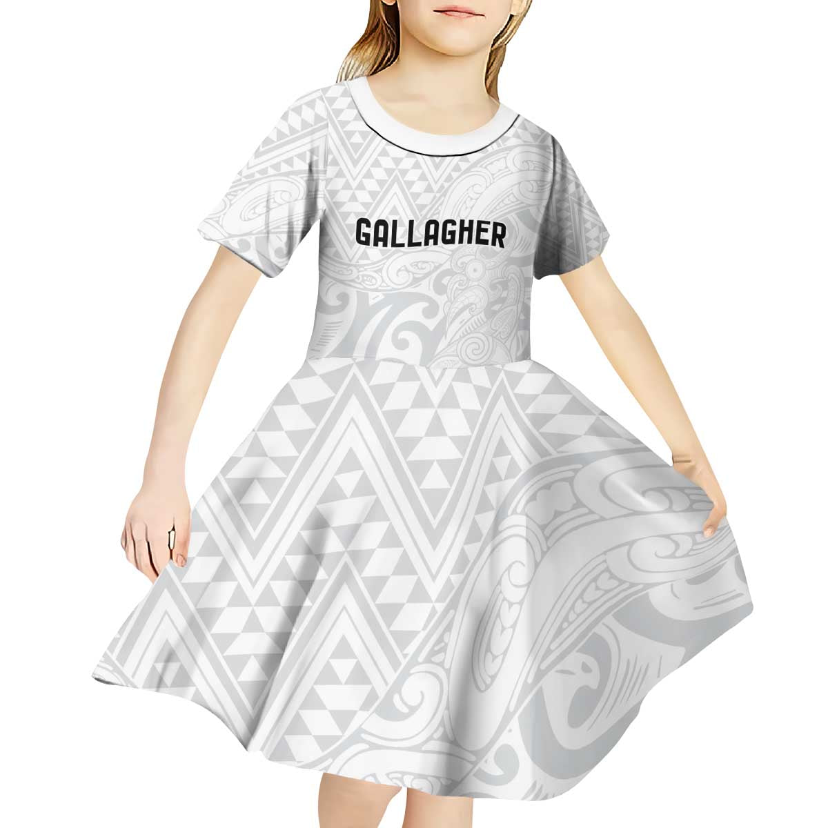 New Zealand Rangatira Custom Kid Short Sleeve Dress All White Niho Taniwha Maori Tribal LT9 - Polynesian Pride