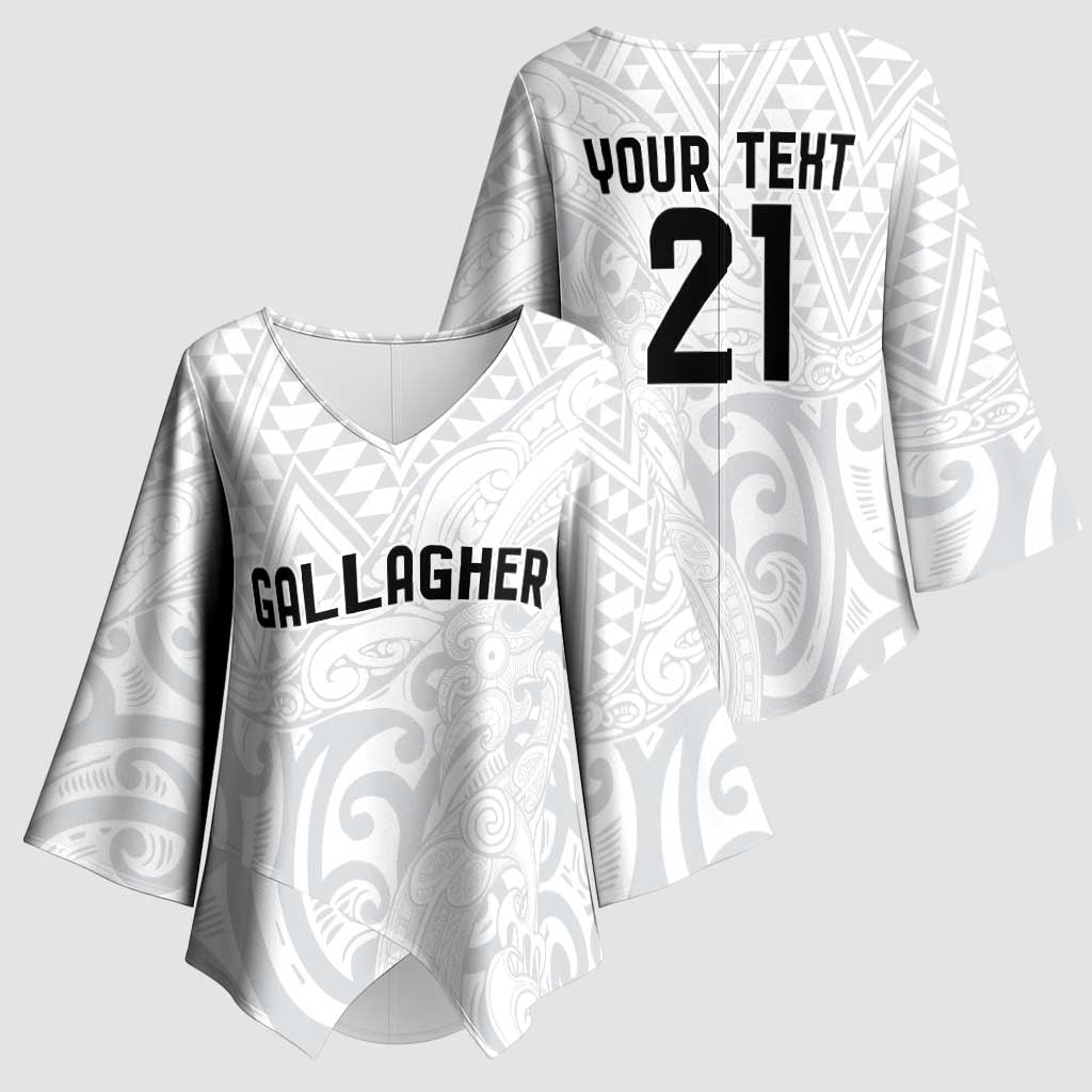New Zealand Rangatira Custom Kimono Sleeve Blouse All White Niho Taniwha Maori Tribal LT9 - Polynesian Pride