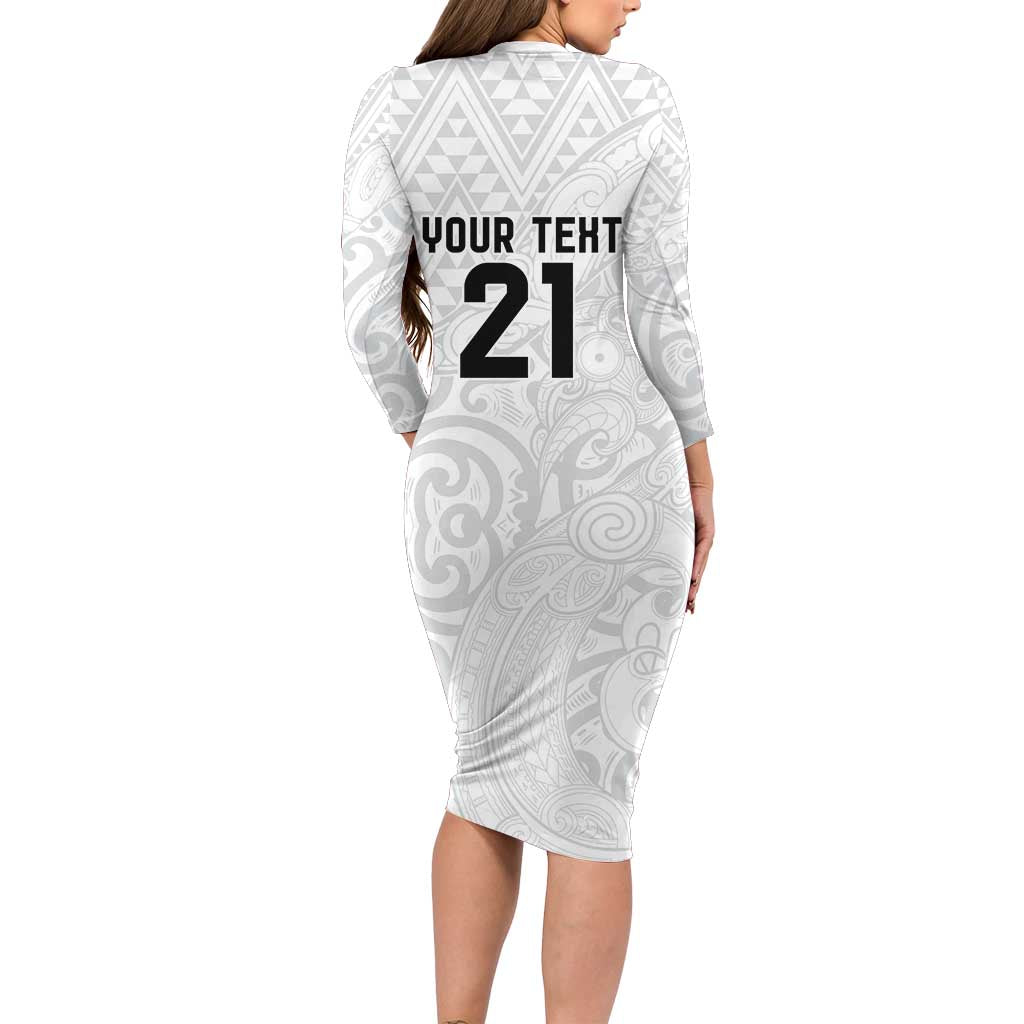 New Zealand Rangatira Custom Long Sleeve Bodycon Dress All White Niho Taniwha Maori Tribal LT9 - Polynesian Pride
