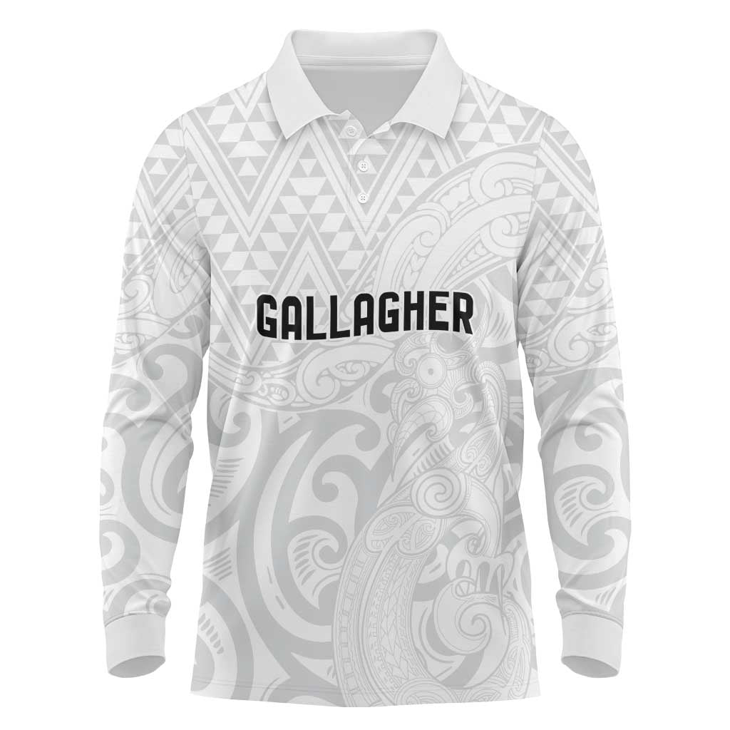 New Zealand Rangatira Custom Long Sleeve Polo Shirt All White Niho Taniwha Maori Tribal LT9 White - Polynesian Pride