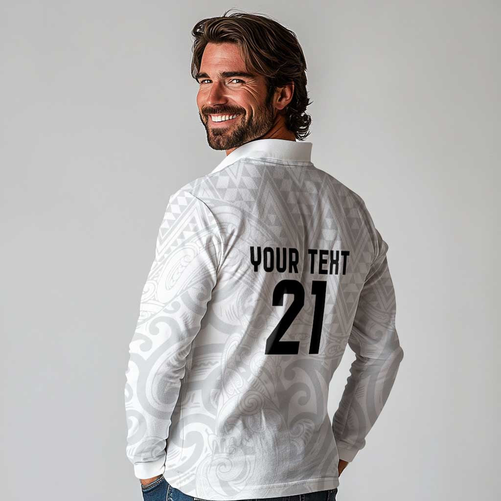 New Zealand Rangatira Custom Long Sleeve Polo Shirt All White Niho Taniwha Maori Tribal LT9 - Polynesian Pride