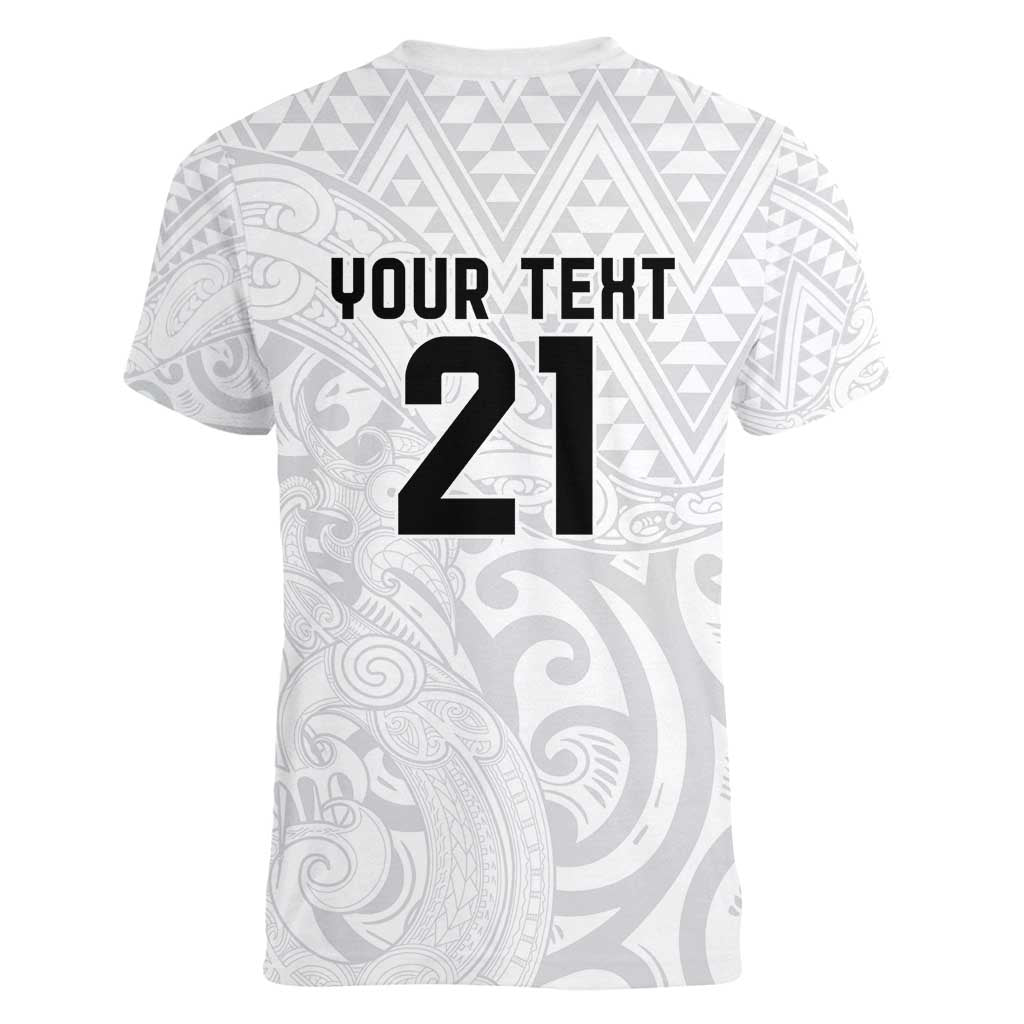 New Zealand Rangatira Custom Women V-Neck T-Shirt All White Niho Taniwha Maori Tribal LT9 - Polynesian Pride