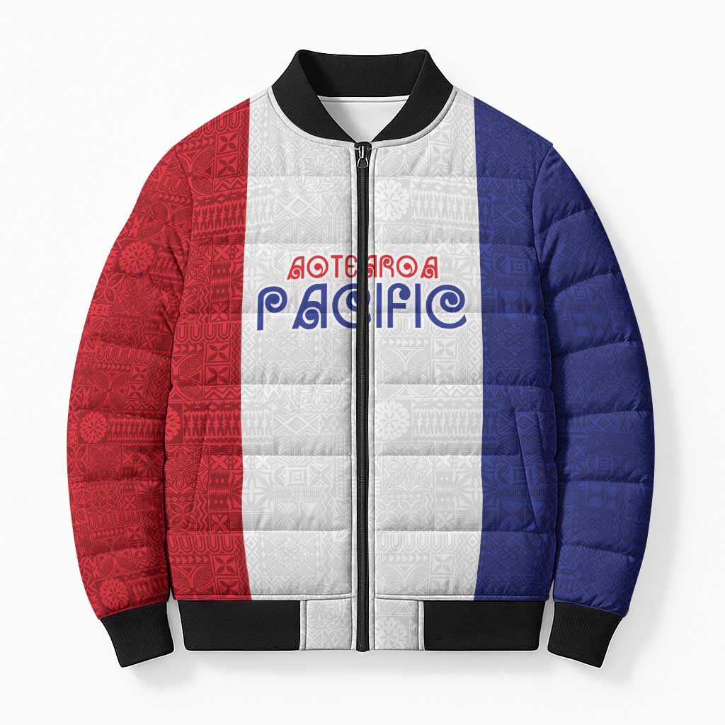 New Zealand Rugby Pacific Personalised Bomber Puffer Jacket Maori Style Tribal Tapa Pattern - Polynesian Pride