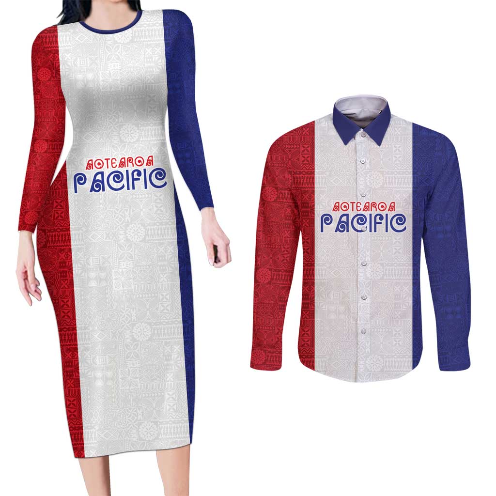 New Zealand Rugby Pacific Personalised Couples Matching Long Sleeve Bodycon Dress and Long Sleeve Button Shirt Maori Style Tribal Tapa Pattern LT9 White - Polynesian Pride