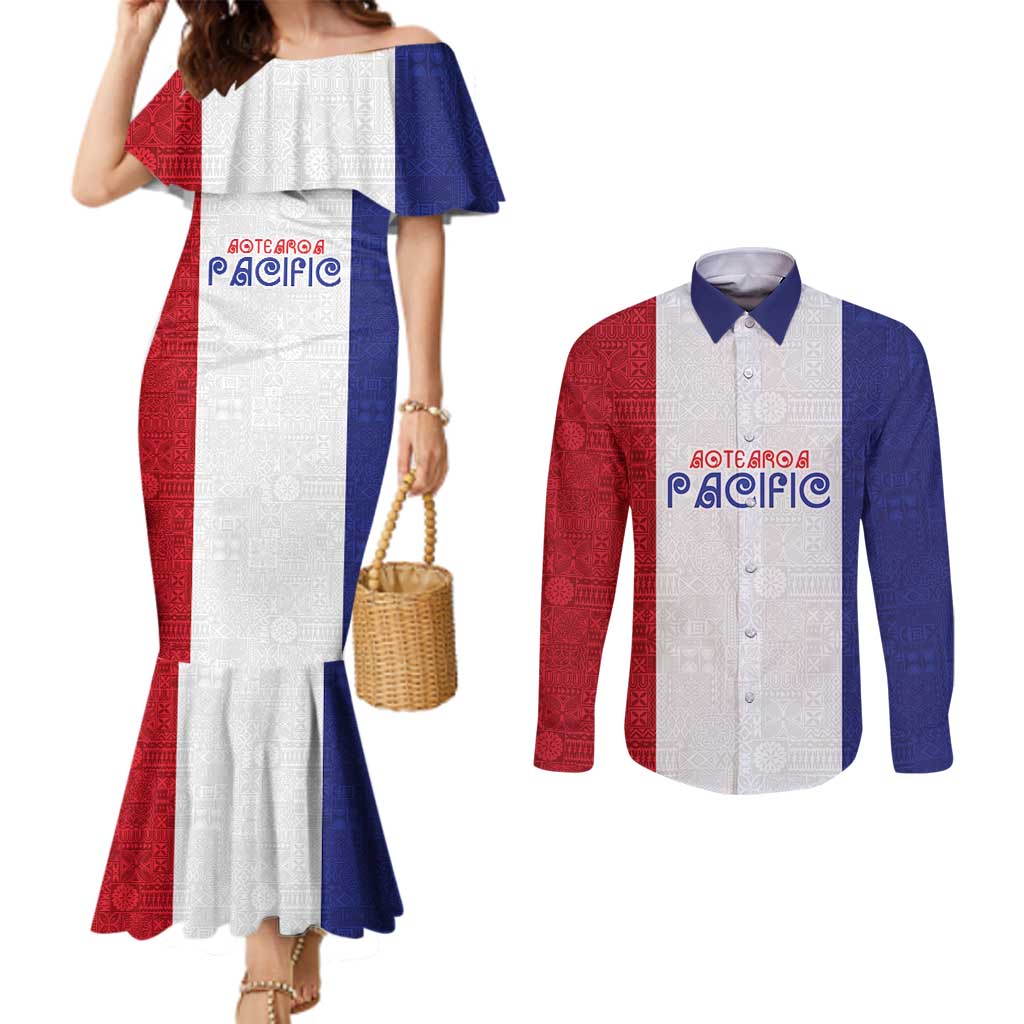 New Zealand Rugby Pacific Personalised Couples Matching Mermaid Dress and Long Sleeve Button Shirt Maori Style Tribal Tapa Pattern LT9 White - Polynesian Pride