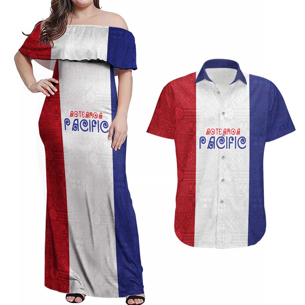 New Zealand Rugby Pacific Personalised Couples Matching Off Shoulder Maxi Dress and Hawaiian Shirt Maori Style Tribal Tapa Pattern LT9 White - Polynesian Pride