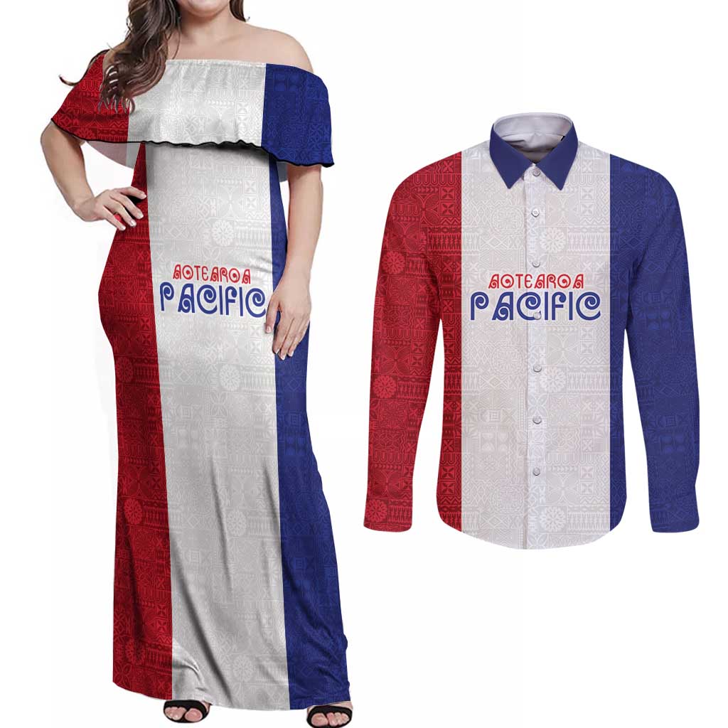 New Zealand Rugby Pacific Personalised Couples Matching Off Shoulder Maxi Dress and Long Sleeve Button Shirt Maori Style Tribal Tapa Pattern LT9 White - Polynesian Pride