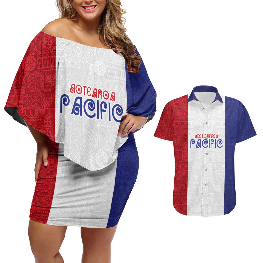 New Zealand Rugby Pacific Personalised Couples Matching Off Shoulder Short Dress and Hawaiian Shirt Maori Style Tribal Tapa Pattern LT9 White - Polynesian Pride