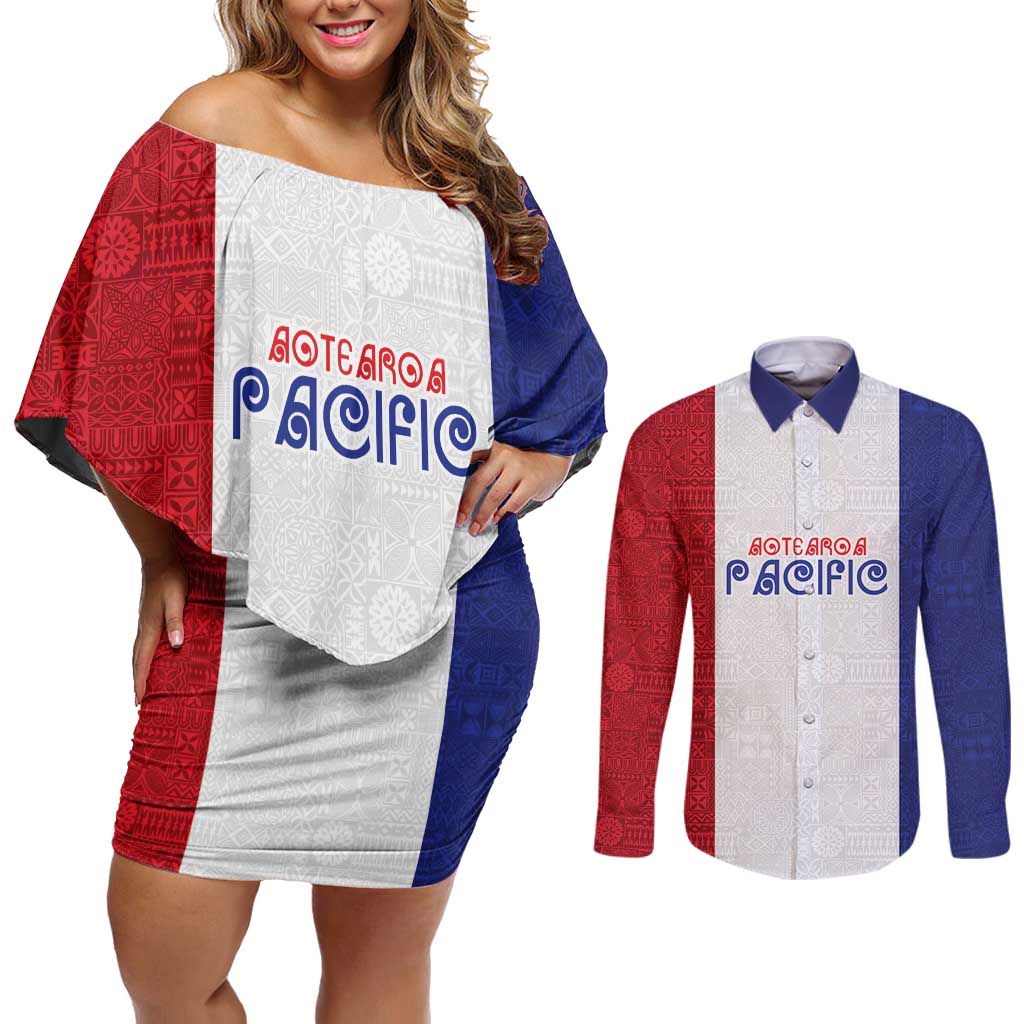 New Zealand Rugby Pacific Personalised Couples Matching Off Shoulder Short Dress and Long Sleeve Button Shirt Maori Style Tribal Tapa Pattern LT9 White - Polynesian Pride