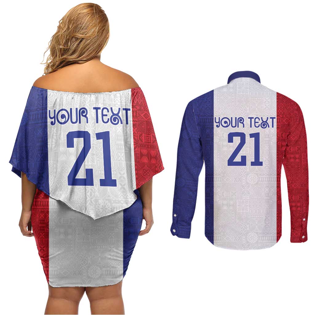 New Zealand Rugby Pacific Personalised Couples Matching Off Shoulder Short Dress and Long Sleeve Button Shirt Maori Style Tribal Tapa Pattern LT9 - Polynesian Pride