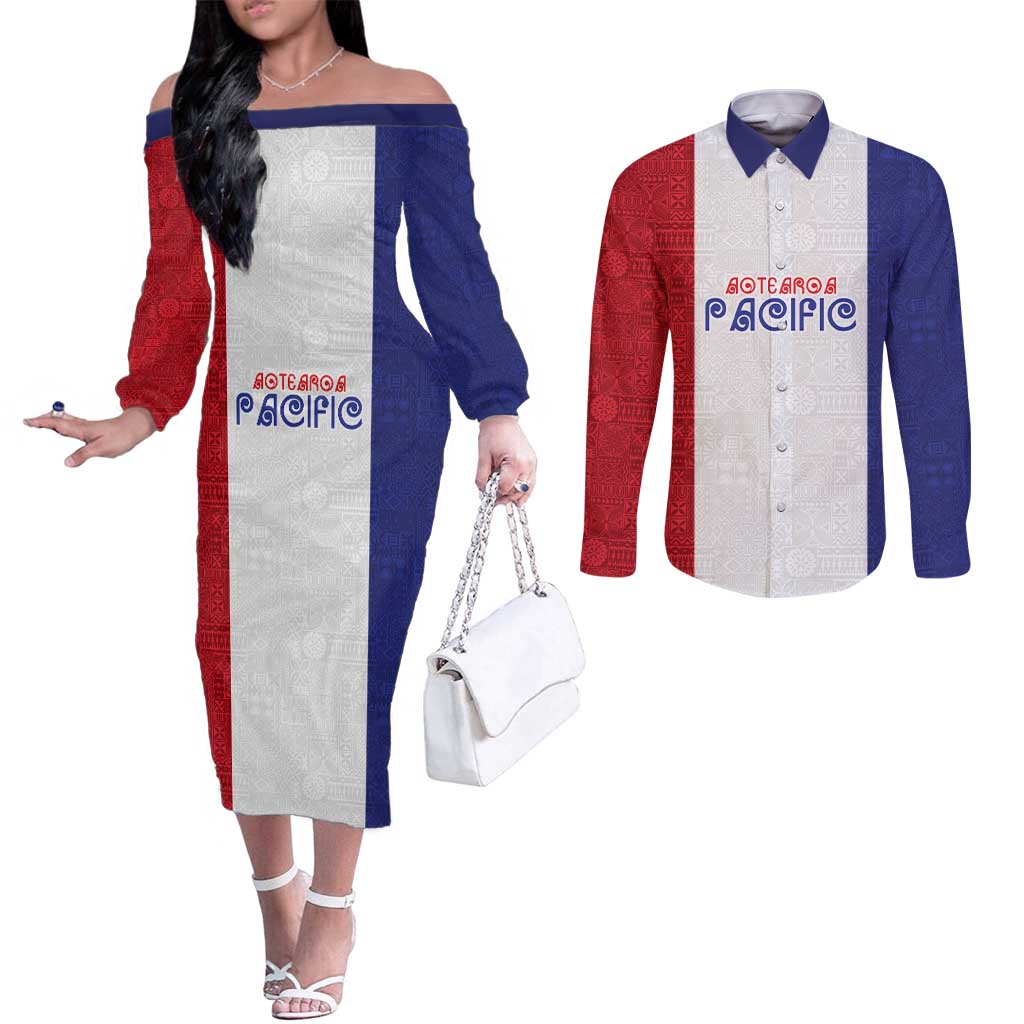 New Zealand Rugby Pacific Personalised Couples Matching Off The Shoulder Long Sleeve Dress and Long Sleeve Button Shirt Maori Style Tribal Tapa Pattern LT9 White - Polynesian Pride