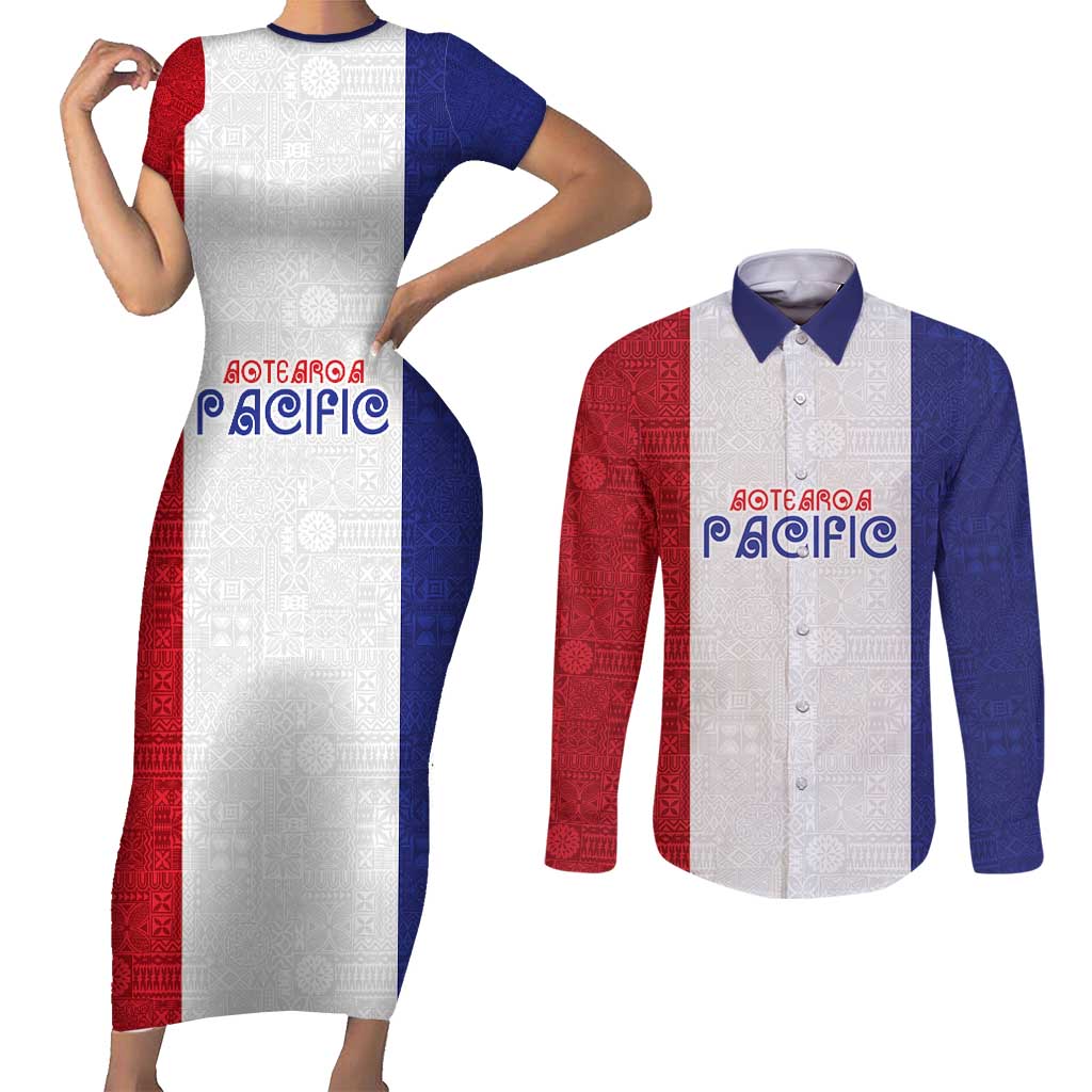 New Zealand Rugby Pacific Personalised Couples Matching Short Sleeve Bodycon Dress and Long Sleeve Button Shirt Maori Style Tribal Tapa Pattern LT9 White - Polynesian Pride