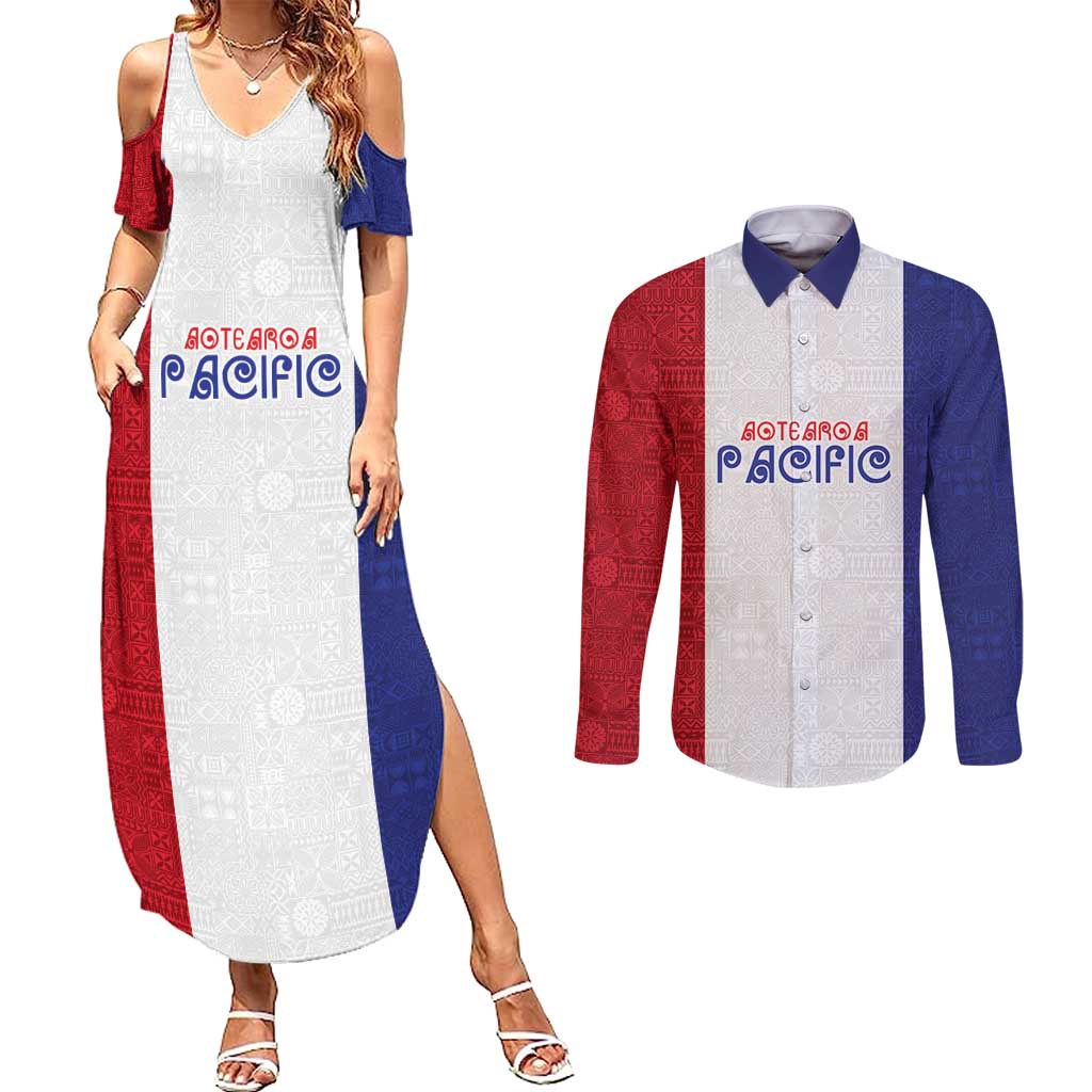 New Zealand Rugby Pacific Personalised Couples Matching Summer Maxi Dress and Long Sleeve Button Shirt Maori Style Tribal Tapa Pattern LT9 White - Polynesian Pride
